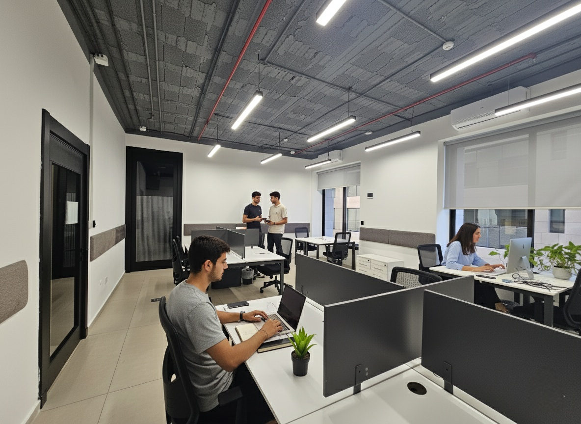 Modern furnished office for rent in Amman featuring a bright open workspace with four workstations, ergonomic chairs, large street-view windows, contemporary lighting, indoor plants, and a framed motivational business quote—ideal for startups and professional teams.